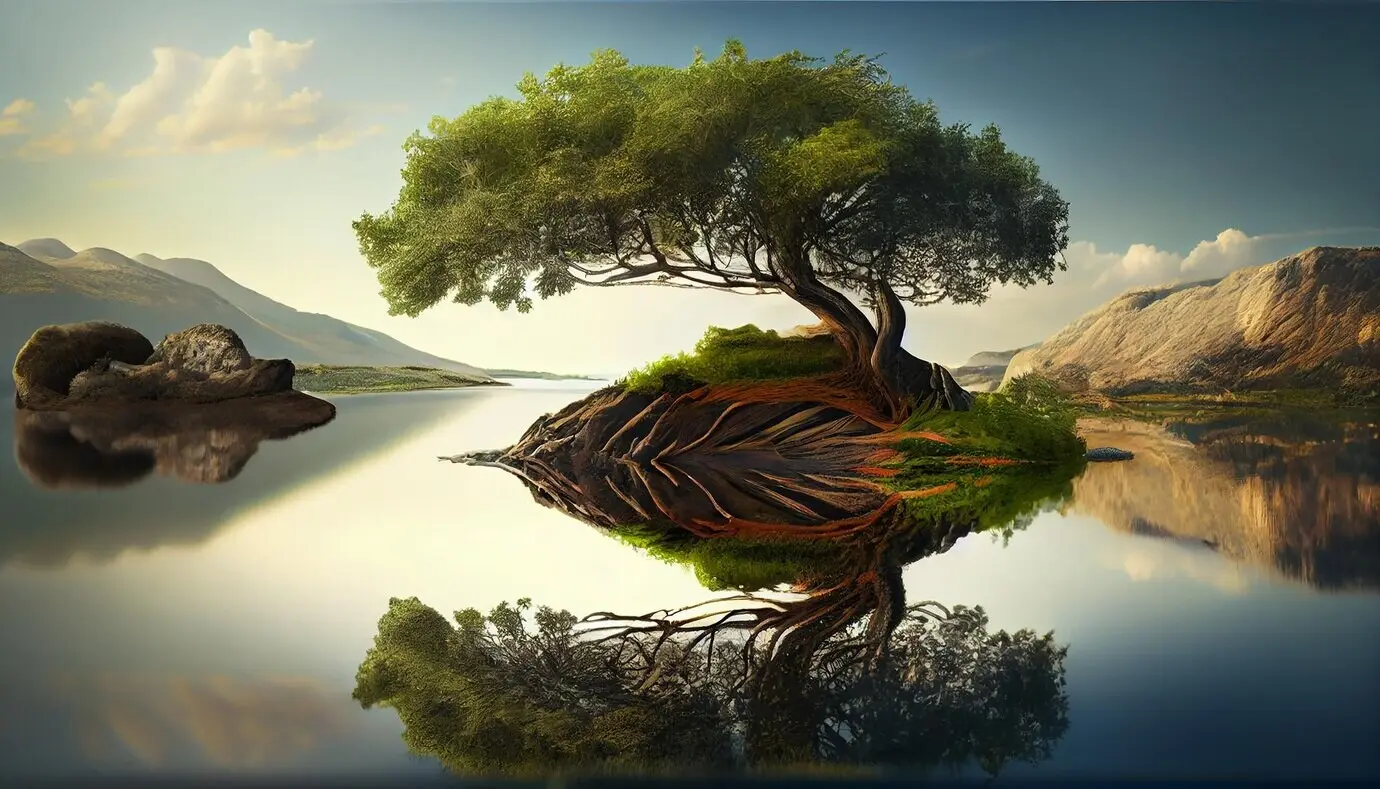 Die Schönheit der Natur spiegelt sich in einer ruhigen Wasserszene, generative KI.