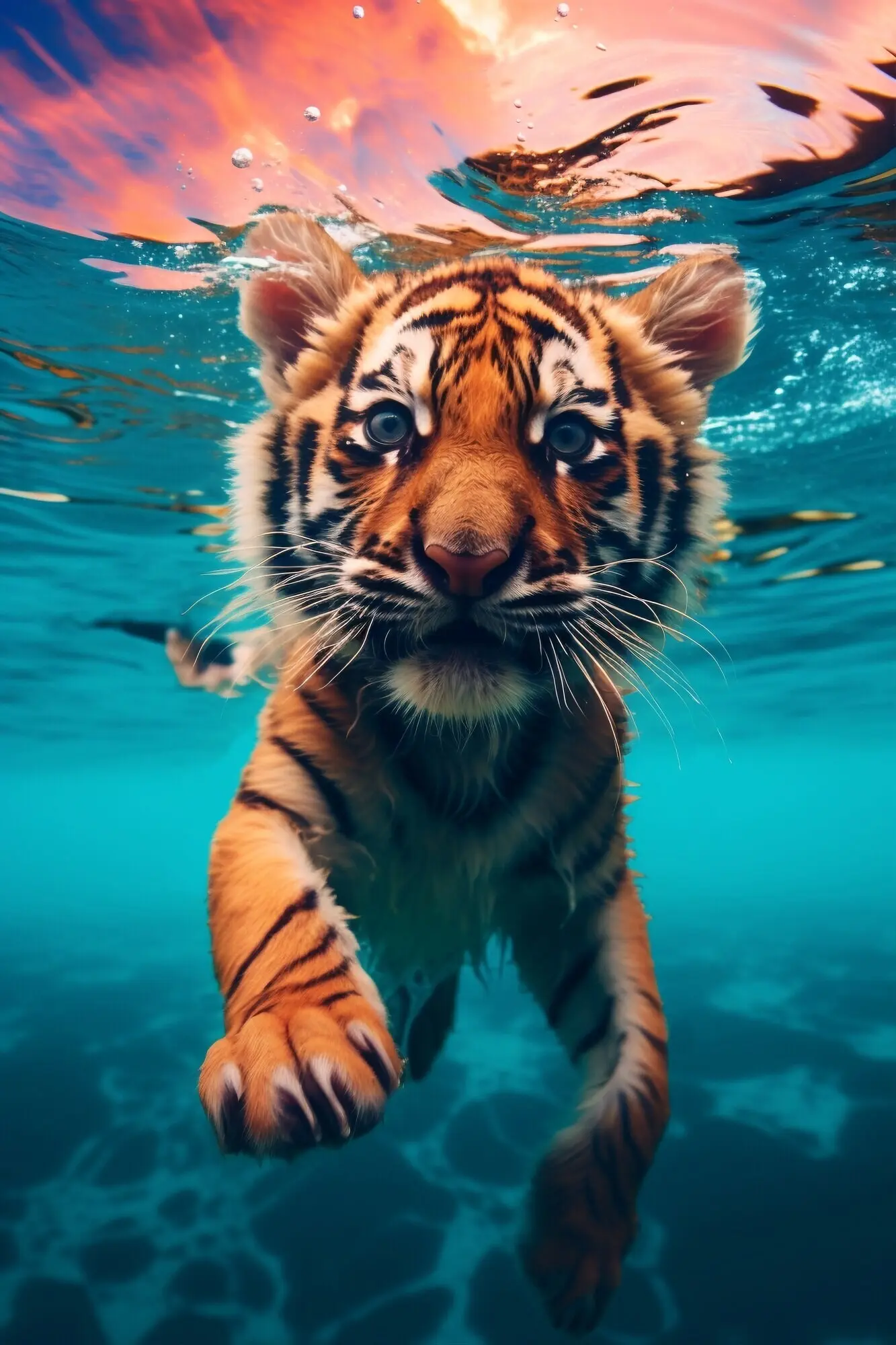 Blick auf ein wildes Tigerjunges unter Wasser